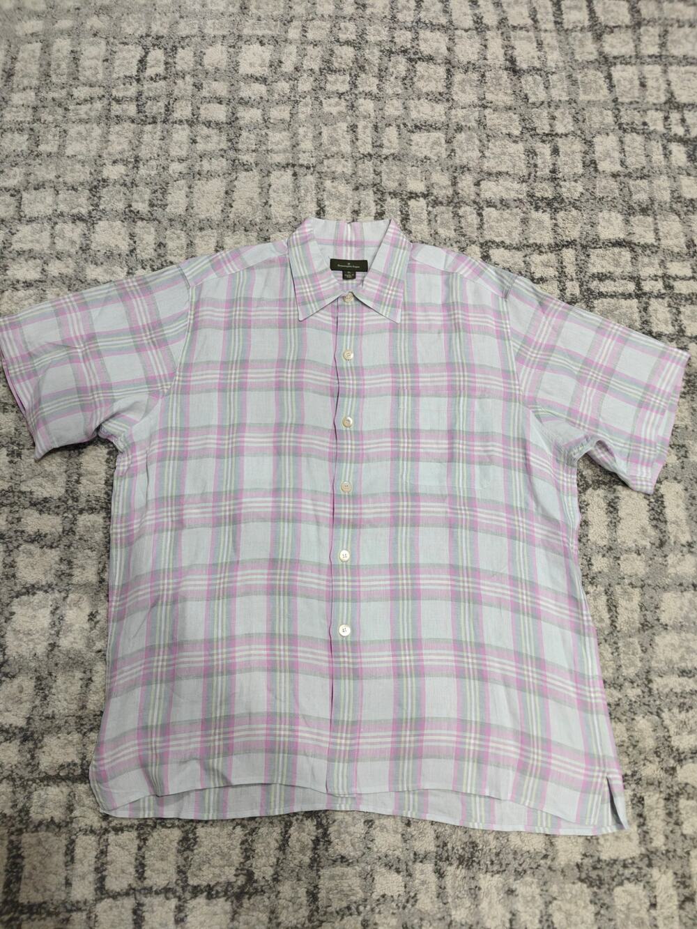 Ermenegildo Zegna 100% Linen Plaid Short Sleeve Button Shirt XL Made in Italy
